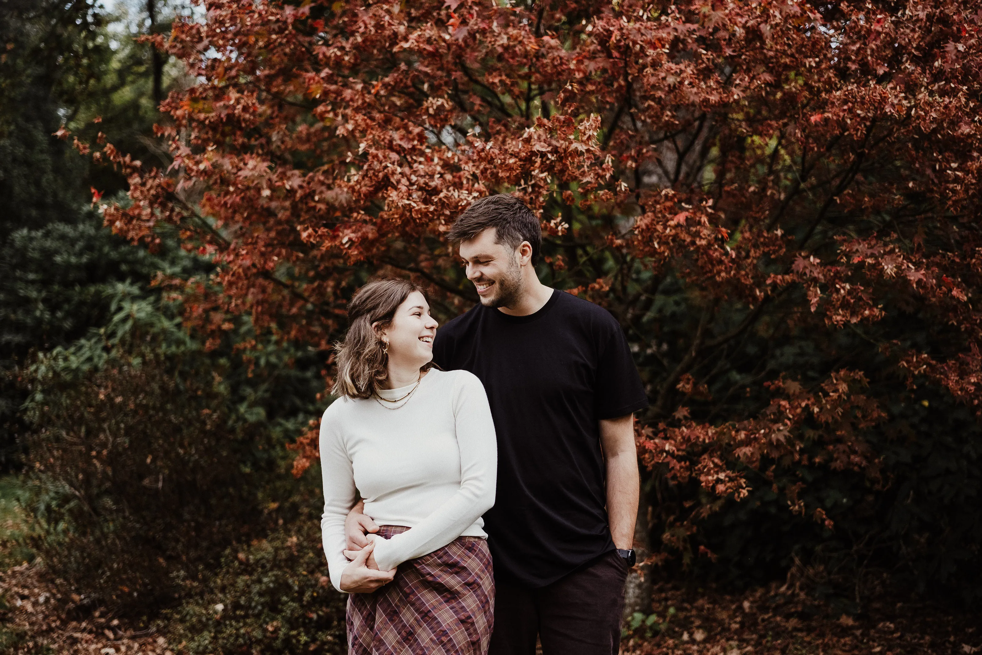 Couple photos in autumn with red leaves