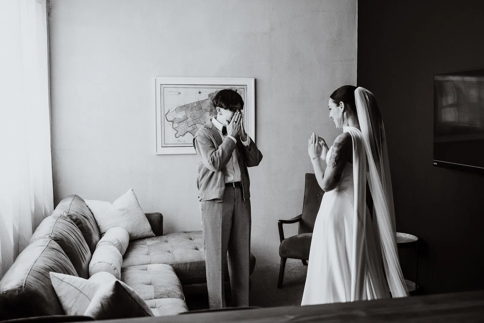Kristyne and Laura seeing each other on their wedding day.