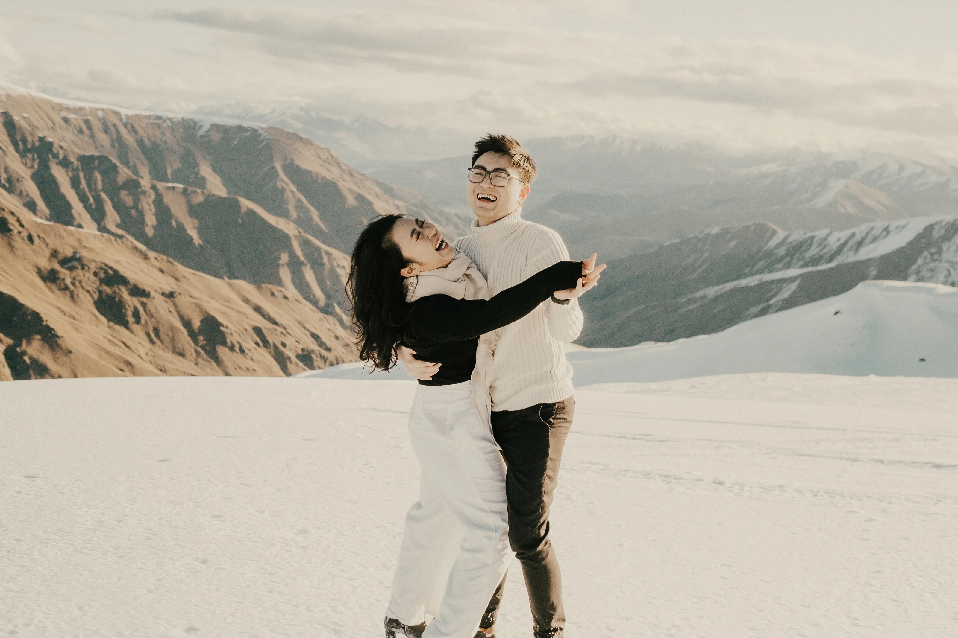 Pre-wedding couple photos in the snow at Cardona, between Wanaka and Queenstown