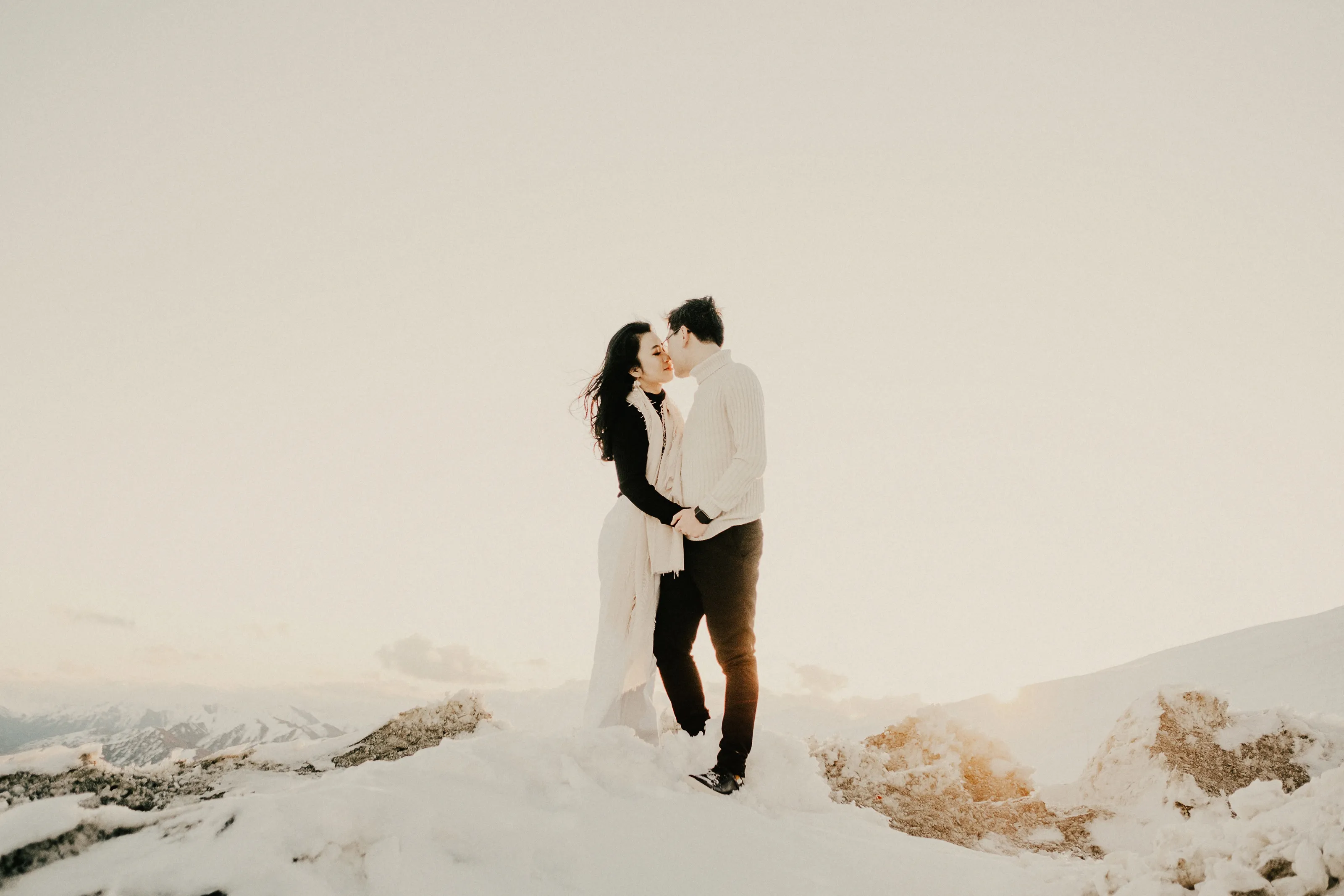 Pre-wedding couple photos in the snow at Cardona, between Wanaka and Queenstown